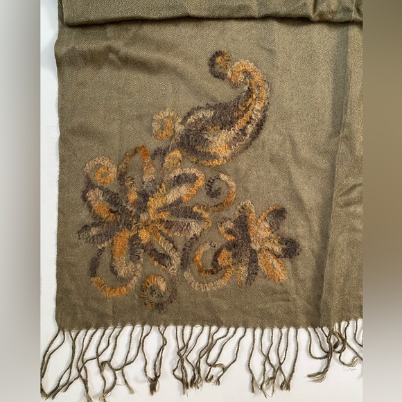 Coldwater Creek Wool blend Embroidered Wrap Dark Olive Green Fringe trim - Picture 4 of 11